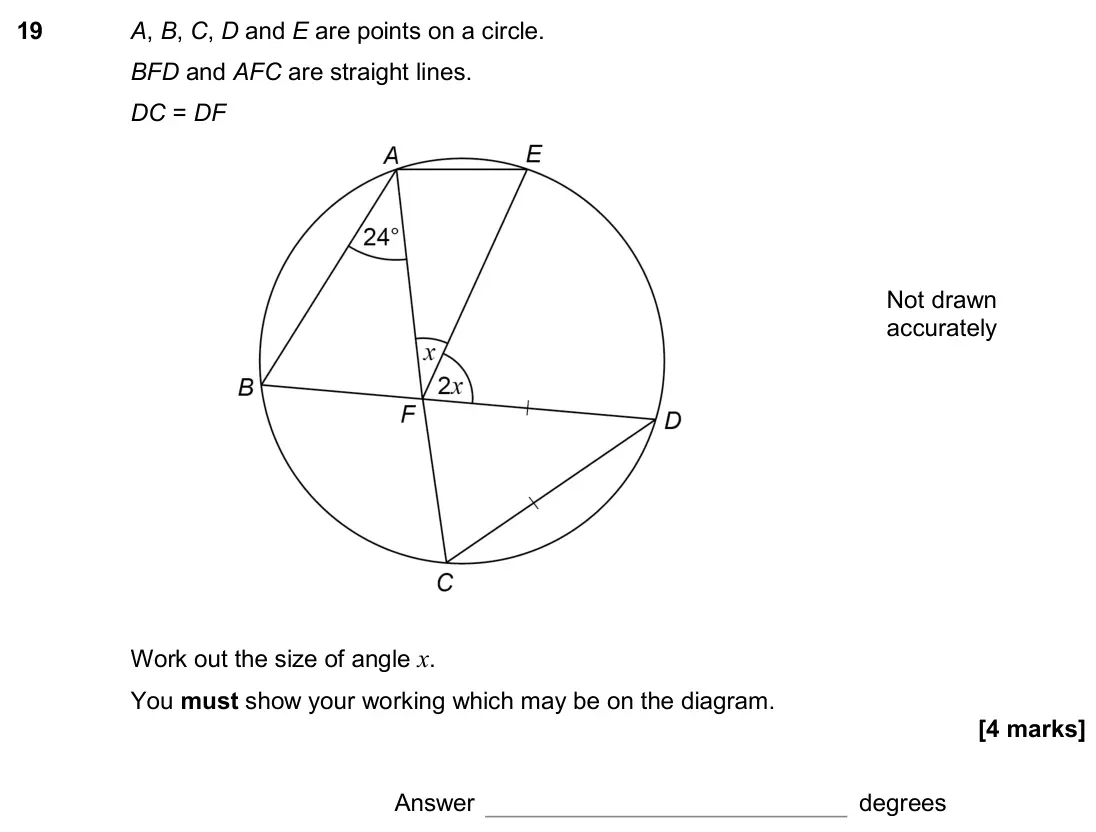 June 2017 Paper 3H, question 19: A, B, C, D and E are points on a circle. BFD and AFC are straight lines. DC = DF Not drawn accurately Work out the size of angle x. You must show your working w