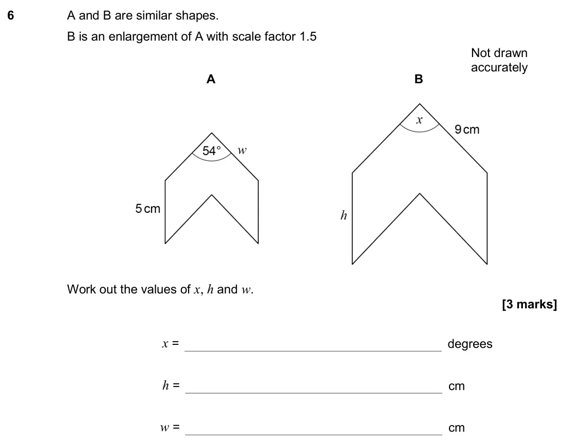 June 2018 Paper 3H, question 6: A and B are similar shapes. B is an enlargement of A with scale factor 1.5 A B Work out the values of x, h and w. Not drawn accurately x = degrees h = cm w = cm