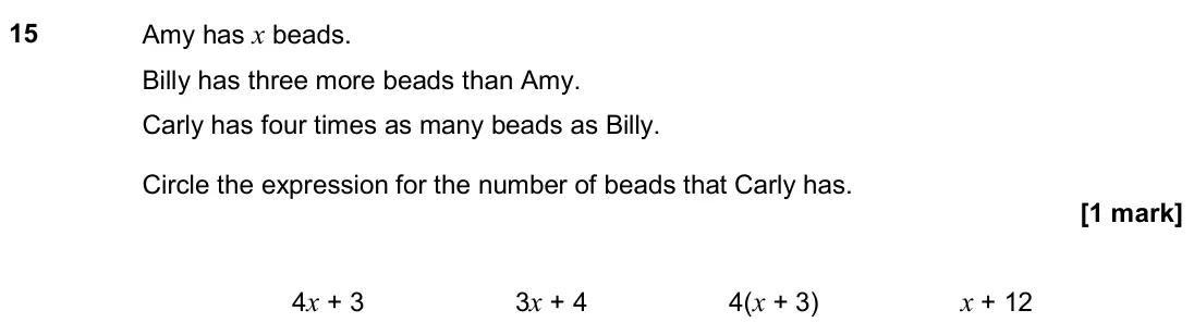 June 2018 Paper 3H, question 15: Amy has x beads. Billy has three more beads than Amy. Carly has four times as many beads as Billy. Circle the expression for the number of beads that Carly has.