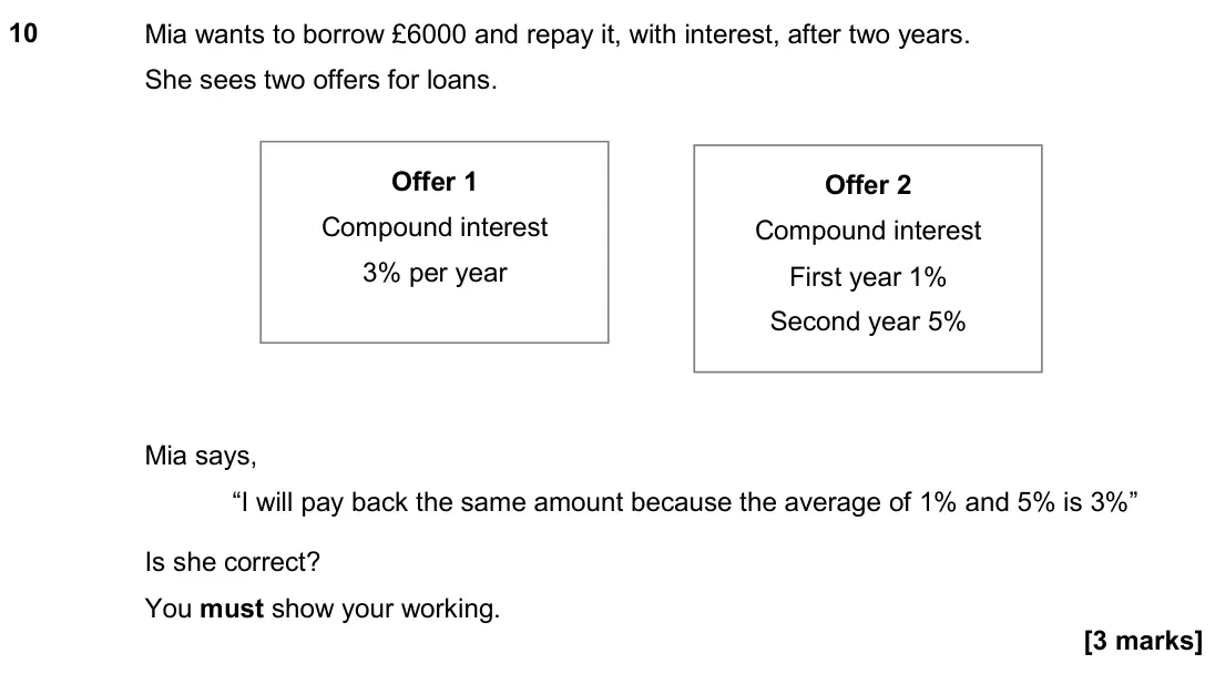 June 2019 Paper 3H, question 10: Mia wants to borrow £6000 and repay it, with interest, after two years. She sees two offers for loans. Mia says, “I will pay back the same amount because the av