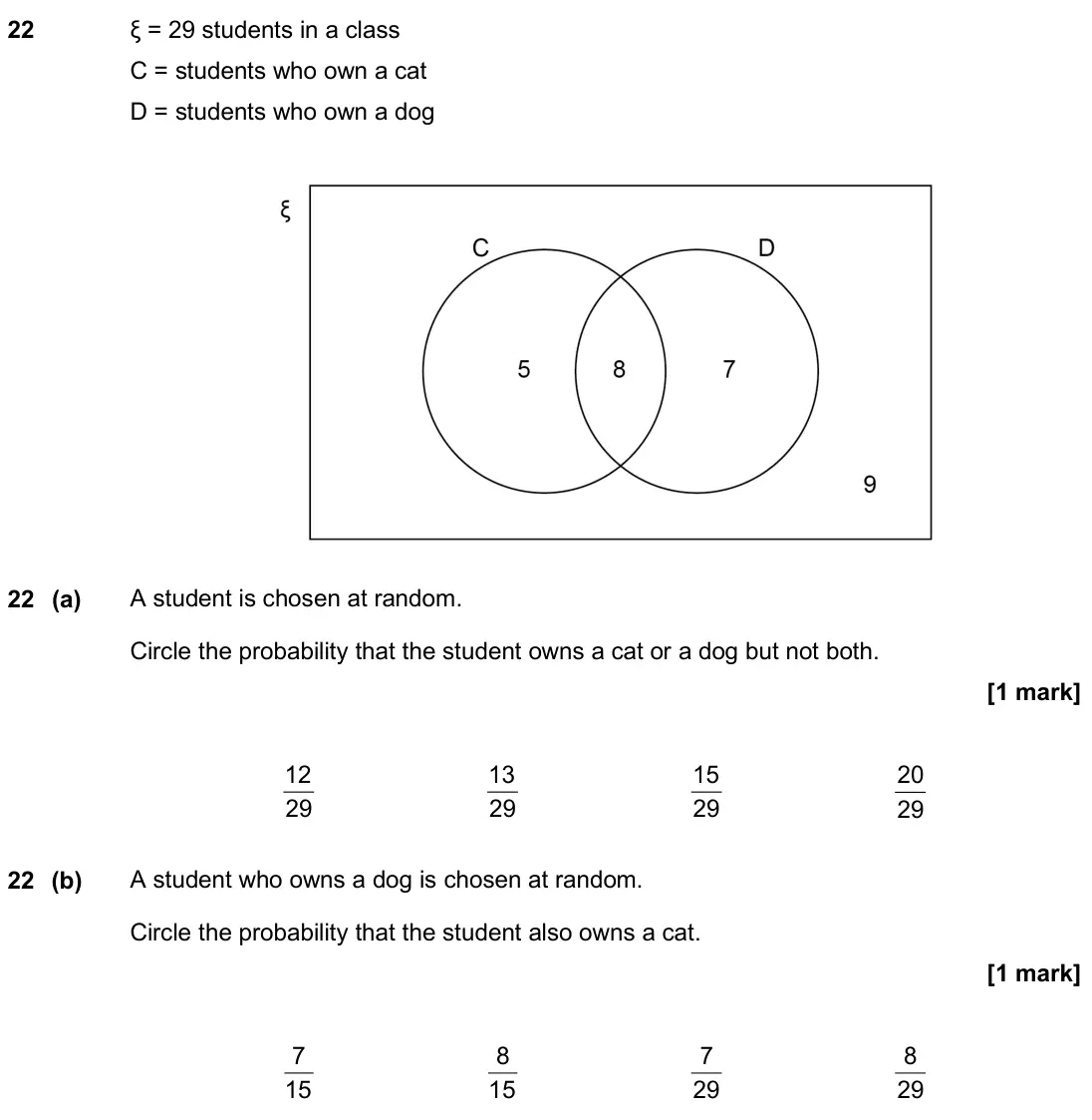 June 2019 Paper 3H, question 22: ξ = 29 students in a class C = students who own a cat D = students who own a dog 22 (a) A student is chosen at random. Circle the probability that the student o