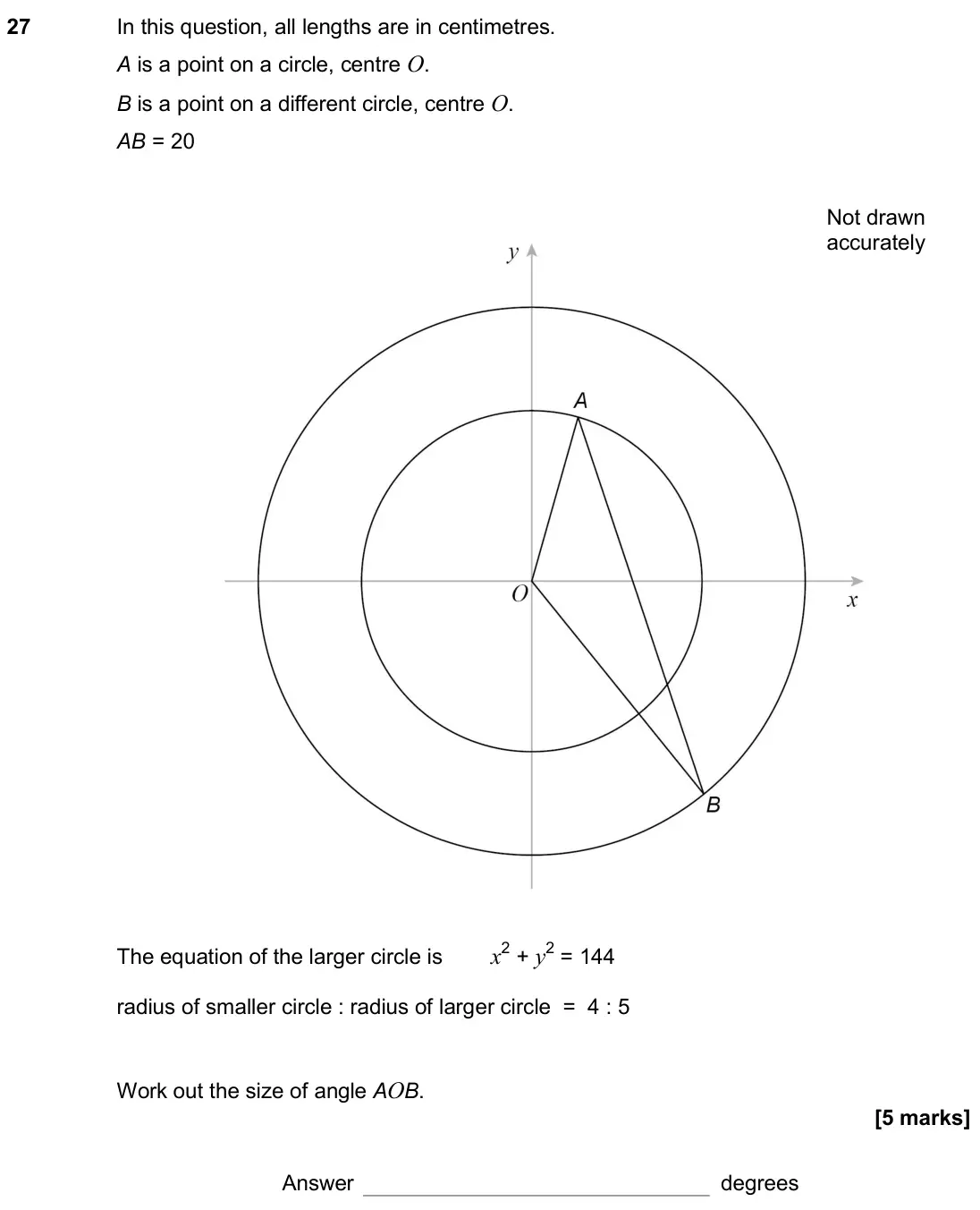 June 2019 Paper 3H, question 27: In this question, all lengths are in centimetres. A is a point on a circle, centre O. B is a point on a different circle, centre O. AB = 20 The equation of the