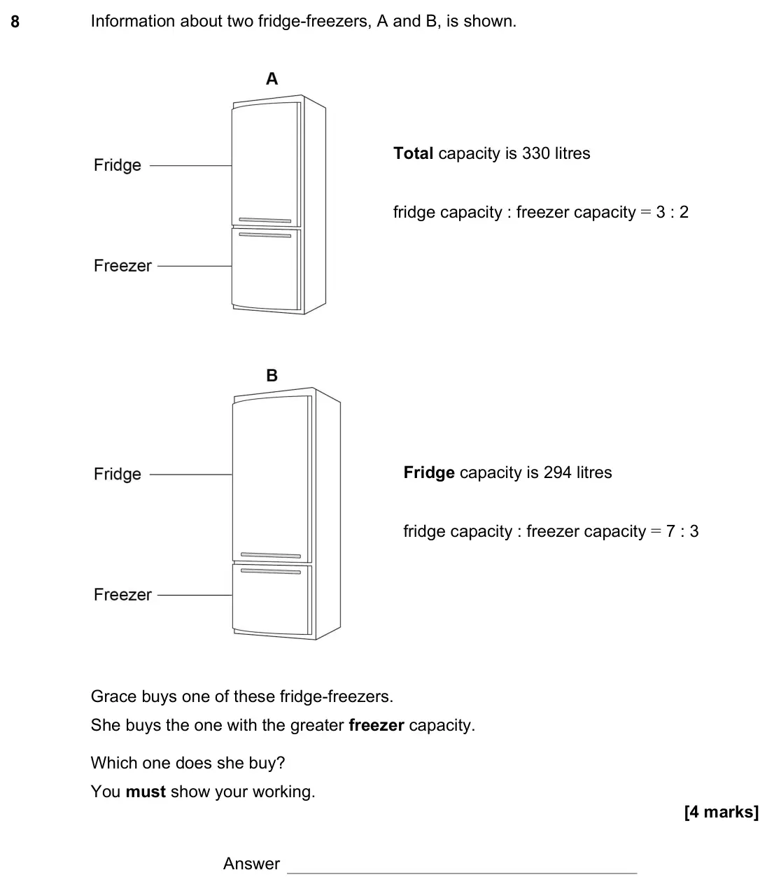 June 2022 Paper 3H, question 8: Information about two fridge-freezers, A and B, is shown. Total capacity is 330 litres fridge capacity : freezer capacity = 3 : 2 Fridge capacity is 294 litres 