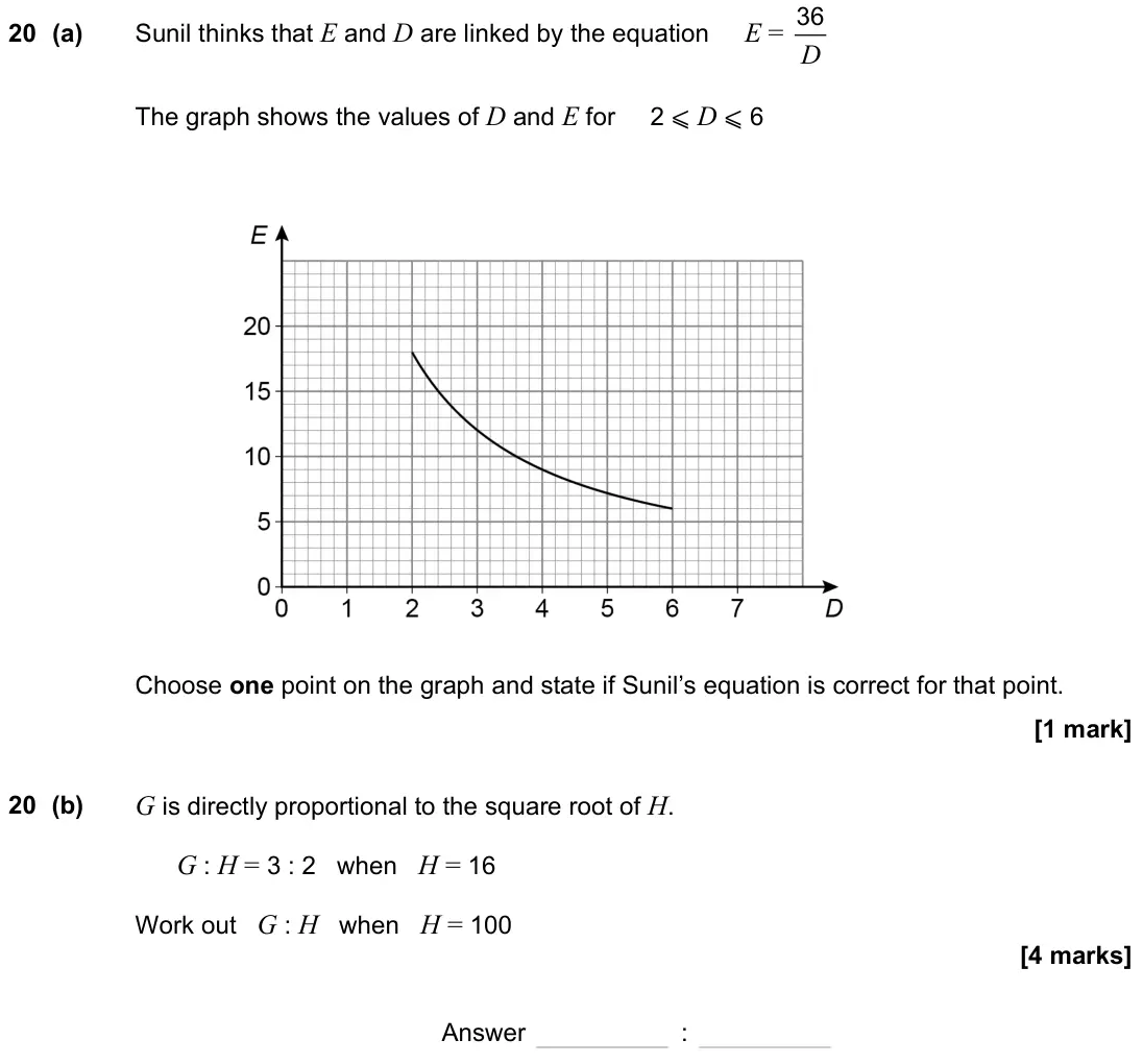 June 2023 Paper 3H, question 20: (a) Sunil thinks that E and D are linked by the equation E = D 36 The graph shows the values of D and E for 2 ⩽ D ⩽ 6 Choose one point on the graph and state if