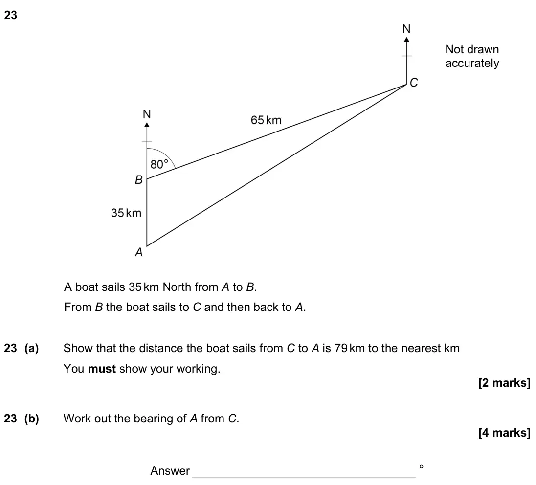 June 2023 Paper 3H, question 23: Not drawn accurately A boat sails 35 km North from A to B. From B the boat sails to C and then back to A. 23 (a) Show that the distance the boat sails from C to