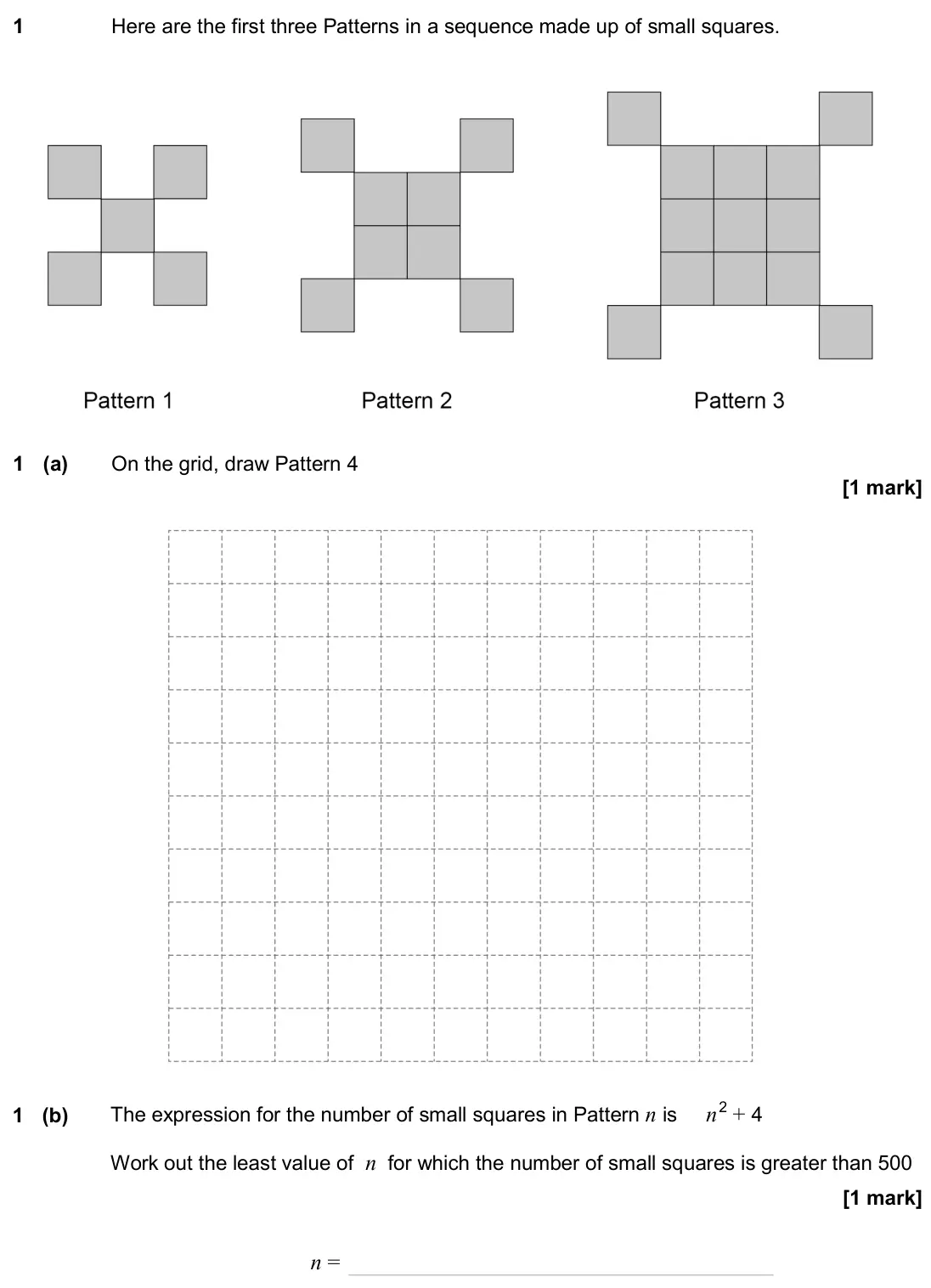 June 2024 Paper 3H, question 1: Here are the first three Patterns in a sequence made up of small squares. 1 (a) On the grid, draw Pattern 4 1 (b) The expression for the number of small squares