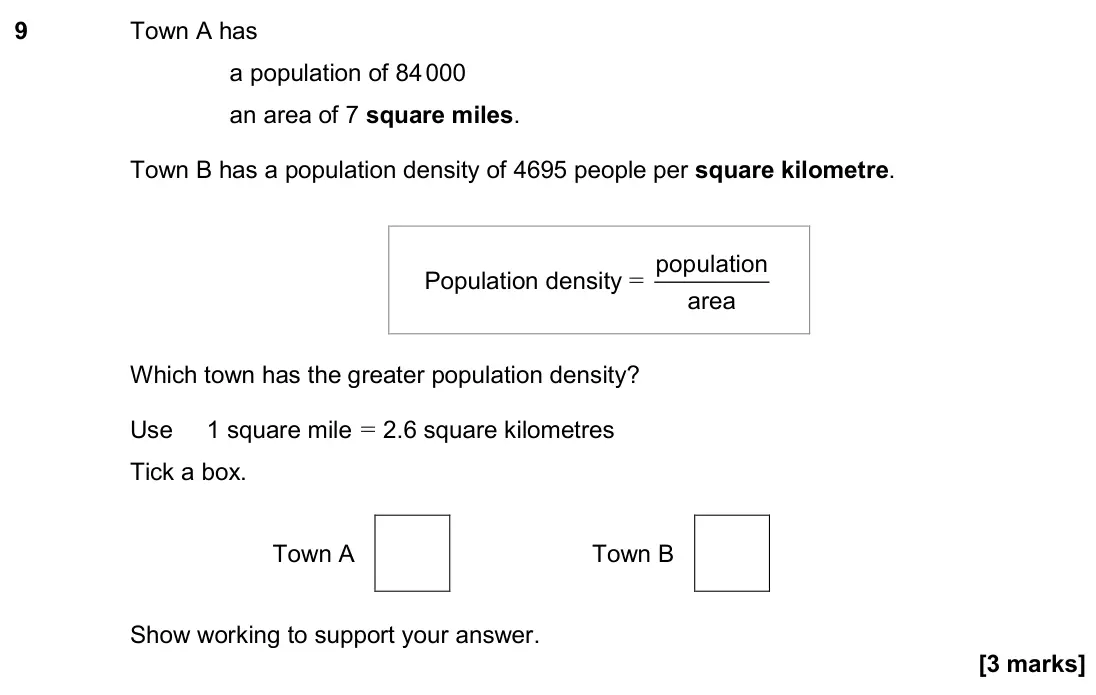 June 2024 Paper 3H, question 9: Town A has a population of 84 000 an area of 7 square miles. Town B has a population density of 4695 people per square kilometre. Population density = populatio