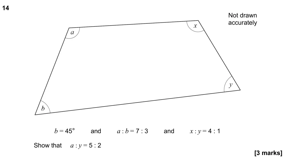 June 2024 Paper 3H, question 14: Not drawn accurately b = 45° and a : b = 7 : 3 and x : y = 4 : 1 Show that a : y = 5 : 2
