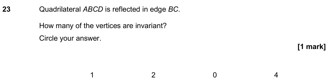 June 2024 Paper 3H, question 23: Quadrilateral ABCD is reflected in edge BC. How many of the vertices are invariant? Circle your answer. 1 2 0 4