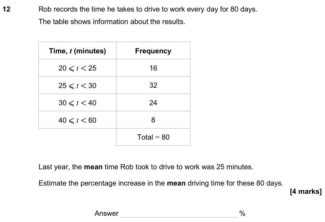 June 2025 Paper 3H, question 12: Rob records the time he takes to drive to work every day for 80 days. The table shows information about the results. Time, t (minutes) Frequency 20 ⩽ t < 25 16
