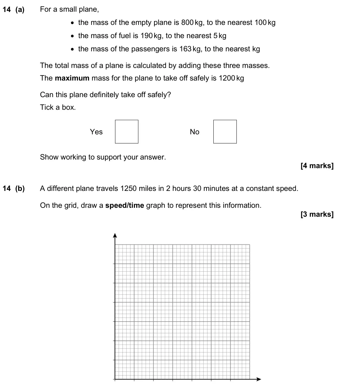 June 2025 Paper 3H, question 14: (a) For a small plane, • the mass of the empty plane is 800 kg, to the nearest 100 kg • the mass of fuel is 190 kg, to the nearest 5 kg • the mass of the passen