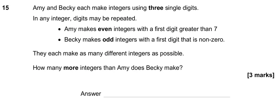 June 2025 Paper 3H, question 15: Amy and Becky each make integers using three single digits. In any integer, digits may be repeated. • Amy makes even integers with a first digit greater than 7