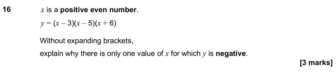 June 2025 Paper 3H, question 16: x is a positive even number. y = (x – 3)(x – 5)(x + 6) Without expanding brackets, explain why there is only one value of x for which y is negative.