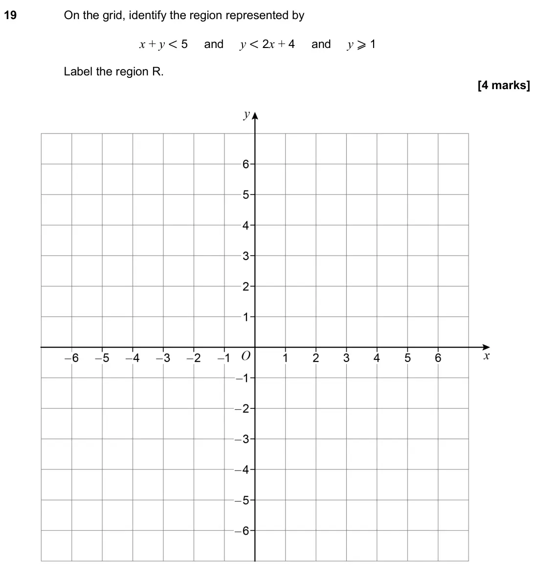 June 2025 Paper 3H, question 19: On the grid, identify the region represented by x + y < 5 and y < 2x + 4 and y ⩾ 1 Label the region R.
