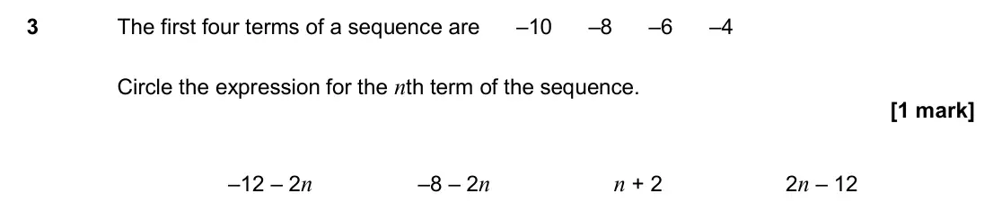 November 2017 Paper 3H, question 3: The first four terms of a sequence are –10 –8 –6 –4 Circle the expression for the nth term of the sequence. –12 – 2n –8 – 2n n + 2 2n – 12