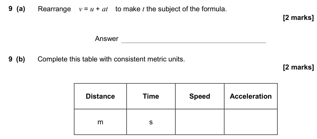 November 2017 Paper 3H, question 9: (a) Rearrange v = u + at to make t the subject of the formula. Answer 9 (b) Complete this table with consistent metric units. Distance Time Speed Acceleration m