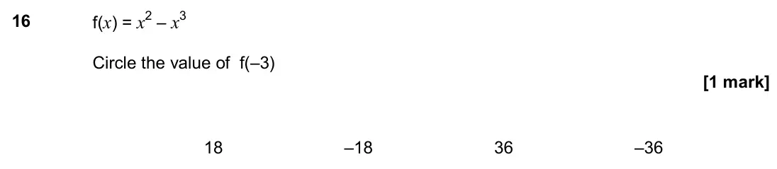 November 2017 Paper 3H, question 16: f(x) = x2 – x3 Circle the value of f(–3) 18 –18 36 –36