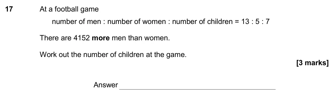 November 2017 Paper 3H, question 17: At a football game number of men : number of women : number of children = 13 : 5 : 7 There are 4152 more men than women. Work out the number of children at the 