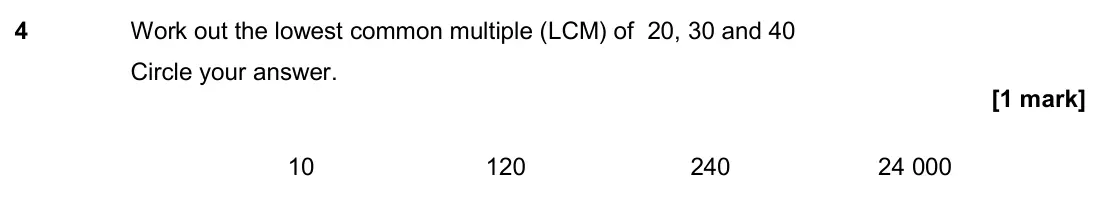 November 2018 Paper 3H, question 4: Work out the lowest common multiple (LCM) of 20, 30 and 40 Circle your answer. 10 120 240 24 000