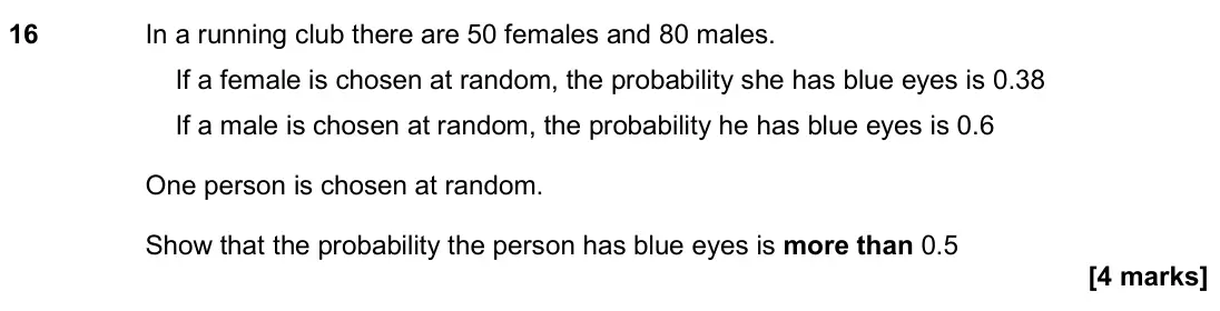 November 2018 Paper 3H, question 16: In a running club there are 50 females and 80 males. If a female is chosen at random, the probability she has blue eyes is 0.38 If a male is chosen at random, t