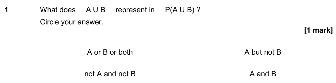 November 2020 Paper 3H, question 1: What does A U B represent in P(A U B) ? Circle your answer. A or B or both A but not B not A and not B A and B