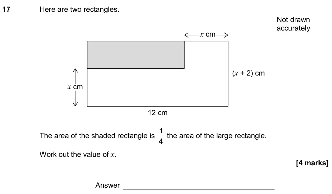 November 2020 Paper 3H, question 17: Here are two rectangles. The area of the shaded rectangle is 4 1 the area of the large rectangle. Work out the value of x. Not drawn accurately Answer