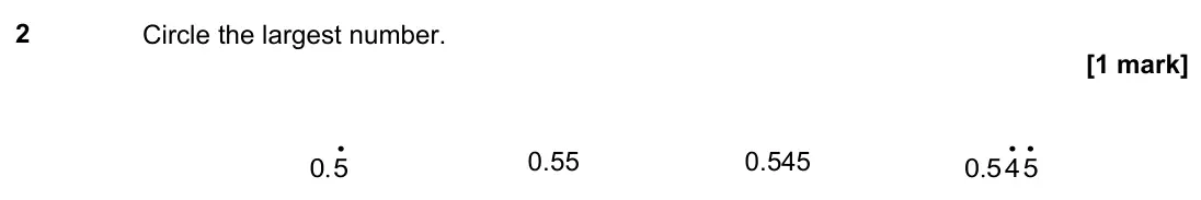 November 2021 Paper 3H, question 2: Circle the largest number. . 0 5 • 0.55 0.545 . 0 545 • •