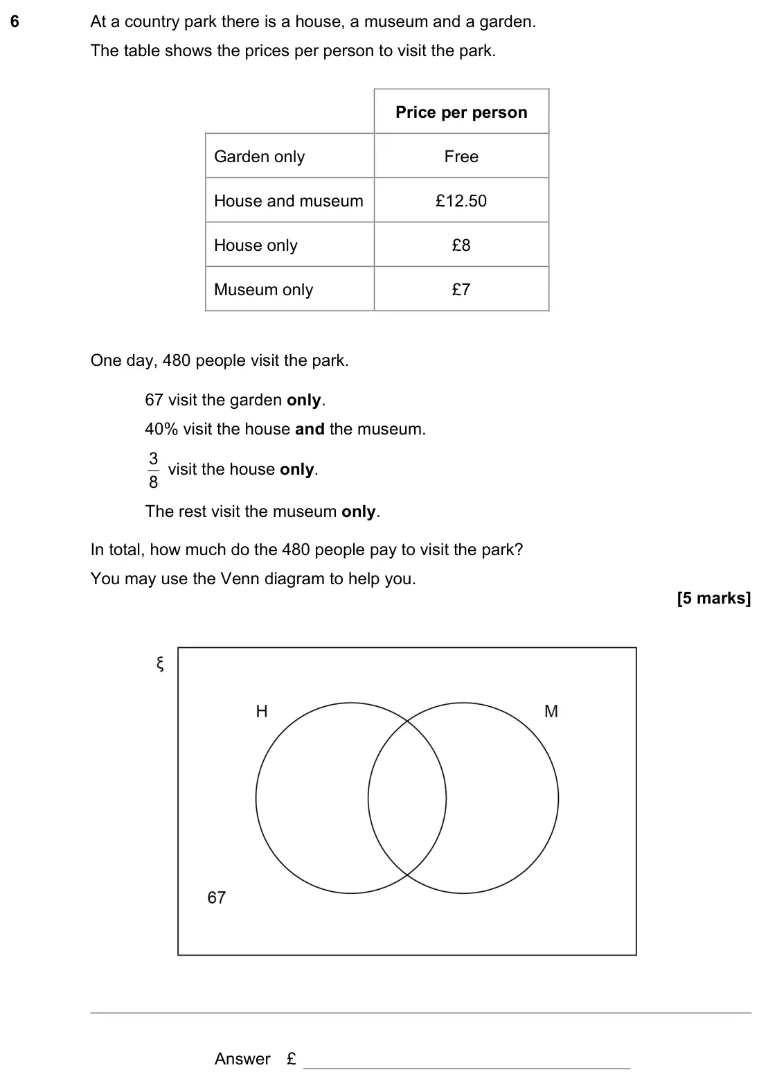 November 2021 Paper 3H, question 6: At a country park there is a house, a museum and a garden. The table shows the prices per person to visit the park. Price per person Garden only Free House and 