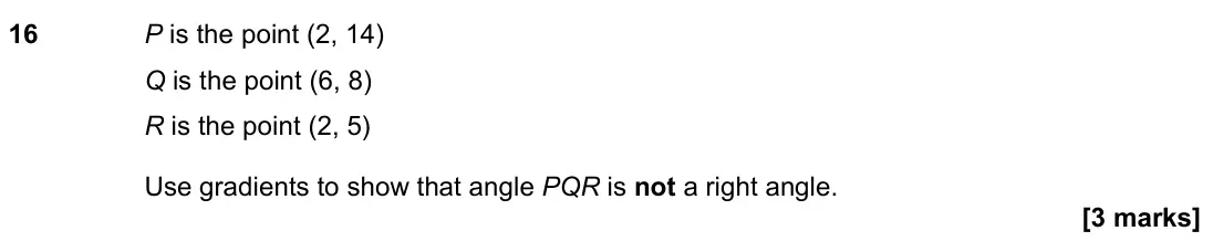 November 2021 Paper 3H, question 16: P is the point (2, 14) Q is the point (6, 8) R is the point (2, 5) Use gradients to show that angle PQR is not a right angle.