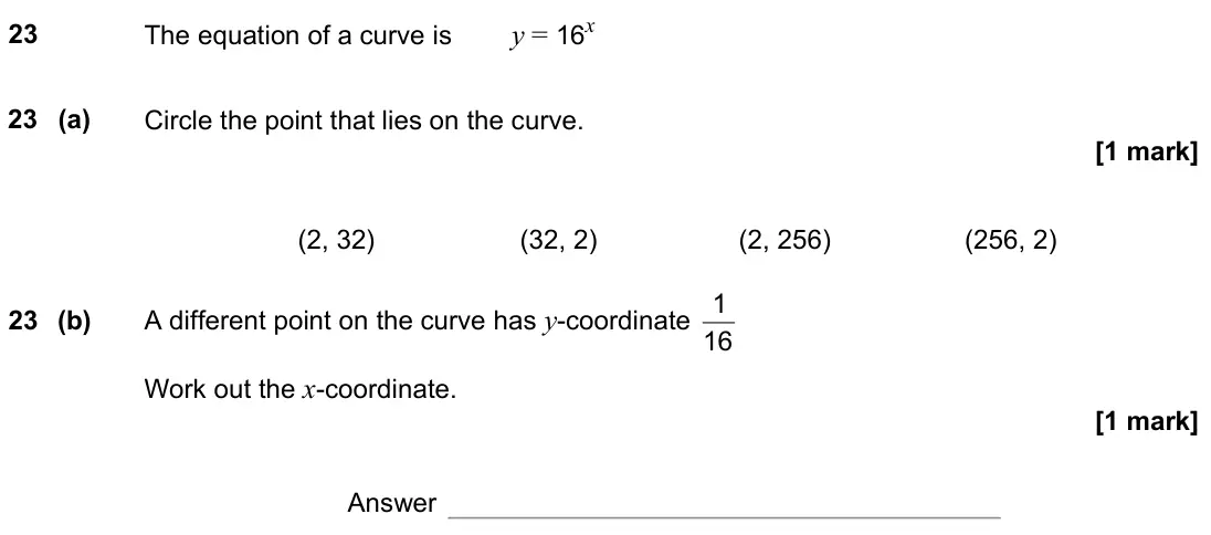 November 2021 Paper 3H, question 23: The equation of a curve is y = 16x 23 (a) Circle the point that lies on the curve. (2, 32) (32, 2) (2, 256) (256, 2) 23 (b) A different point on the curve has y