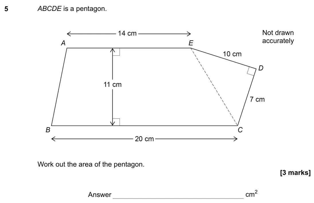 November 2022 Paper 3H, question 5: ABCDE is a pentagon. Work out the area of the pentagon. Not drawn accurately Answer cm2