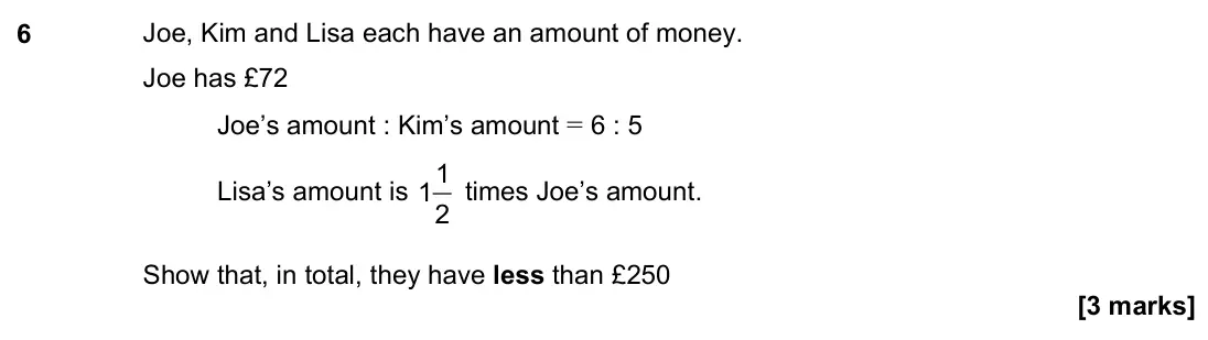 November 2022 Paper 3H, question 6: Joe, Kim and Lisa each have an amount of money. Joe has £72 Joe’s amount : Kim’s amount = 6 : 5 Lisa’s amount is 1 1 2 times Joe’s amount. Show that, in total, 