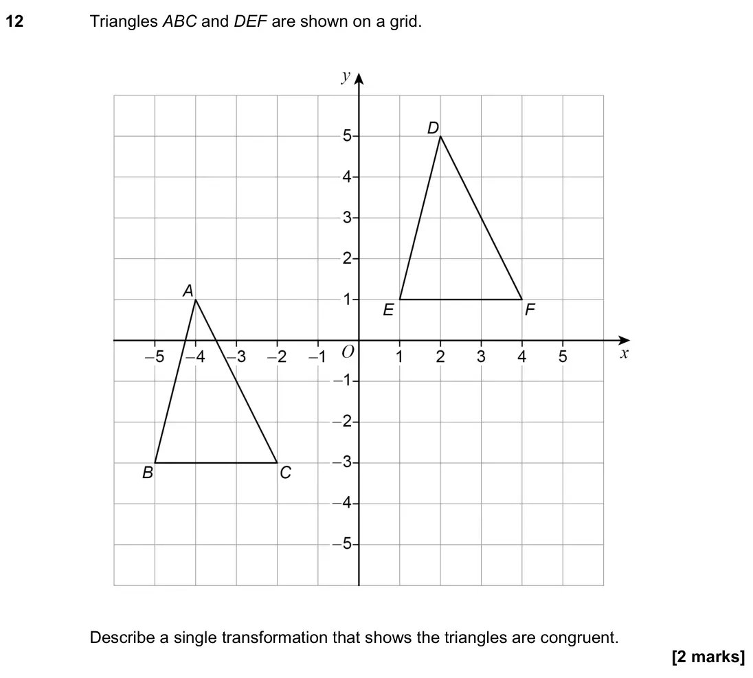 November 2022 Paper 3H, question 12: Triangles ABC and DEF are shown on a grid. Describe a single transformation that shows the triangles are congruent.