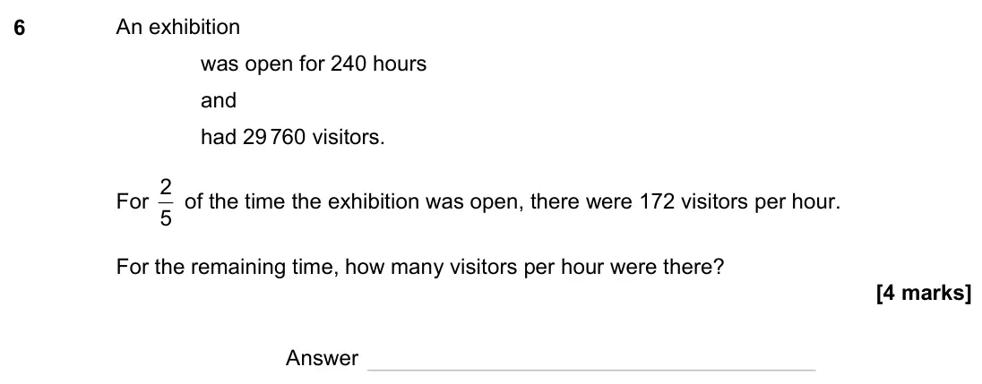 November 2023 Paper 3H, question 6: An exhibition was open for 240 hours and had 29 760 visitors. For 5 2 of the time the exhibition was open, there were 172 visitors per hour. For the remaining t