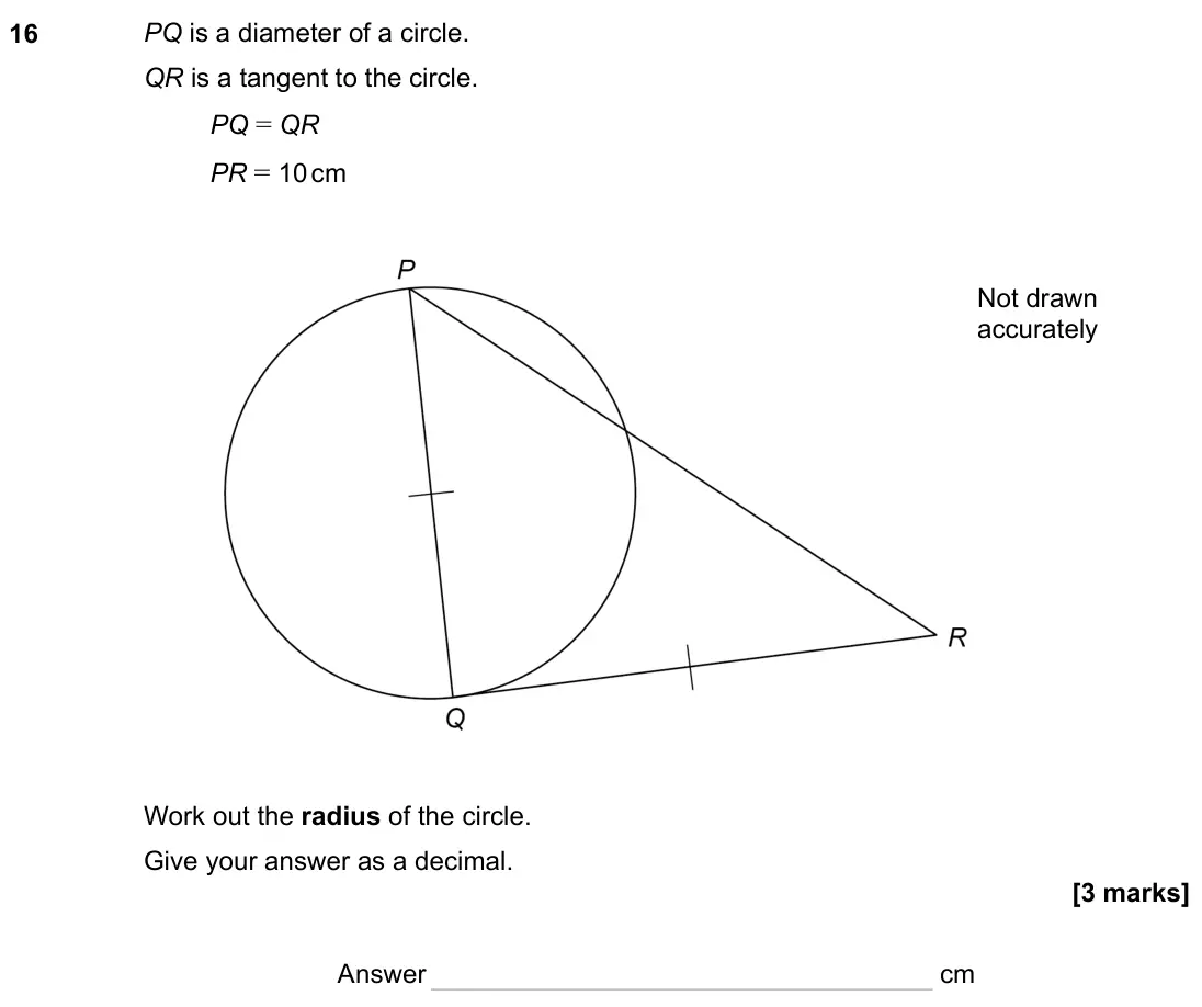 November 2023 Paper 3H, question 16: PQ is a diameter of a circle. QR is a tangent to the circle. PQ = QR PR = 10 cm Work out the radius of the circle. Give your answer as a decimal. Not drawn accu