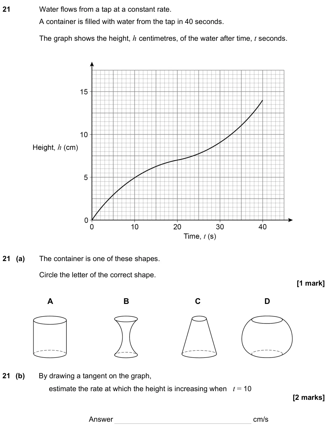 November 2023 Paper 3H, question 21: Water flows from a tap at a constant rate. A container is filled with water from the tap in 40 seconds. The graph shows the height, h centimetres, of the water