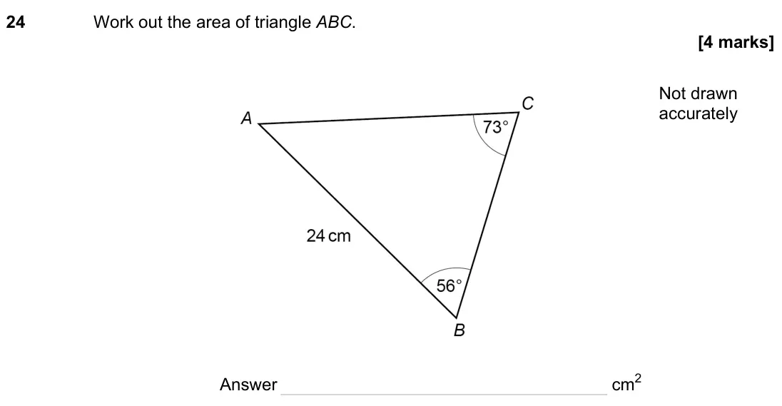November 2023 Paper 3H, question 24: Work out the area of triangle ABC. Not drawn accurately Answer cm2