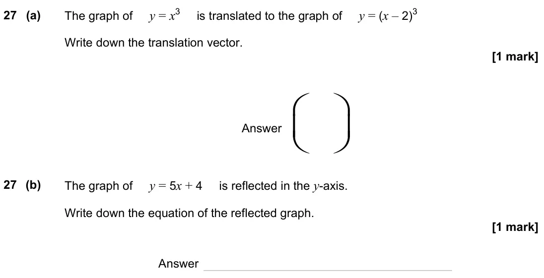 November 2023 Paper 3H, question 27: (a) The graph of y = x3 is translated to the graph of y = (x – 2)3 Write down the translation vector. Answer 27 (b) The graph of y = 5x + 4 is refle
