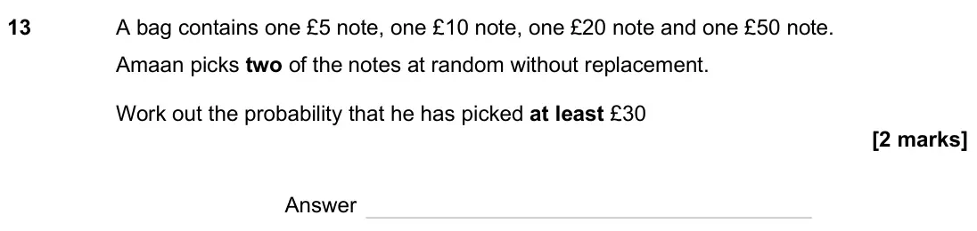 November 2024 Paper 3H, question 13: A bag contains one £5 note, one £10 note, one £20 note and one £50 note. Amaan picks two of the notes at random without replacement. Work out the probability th