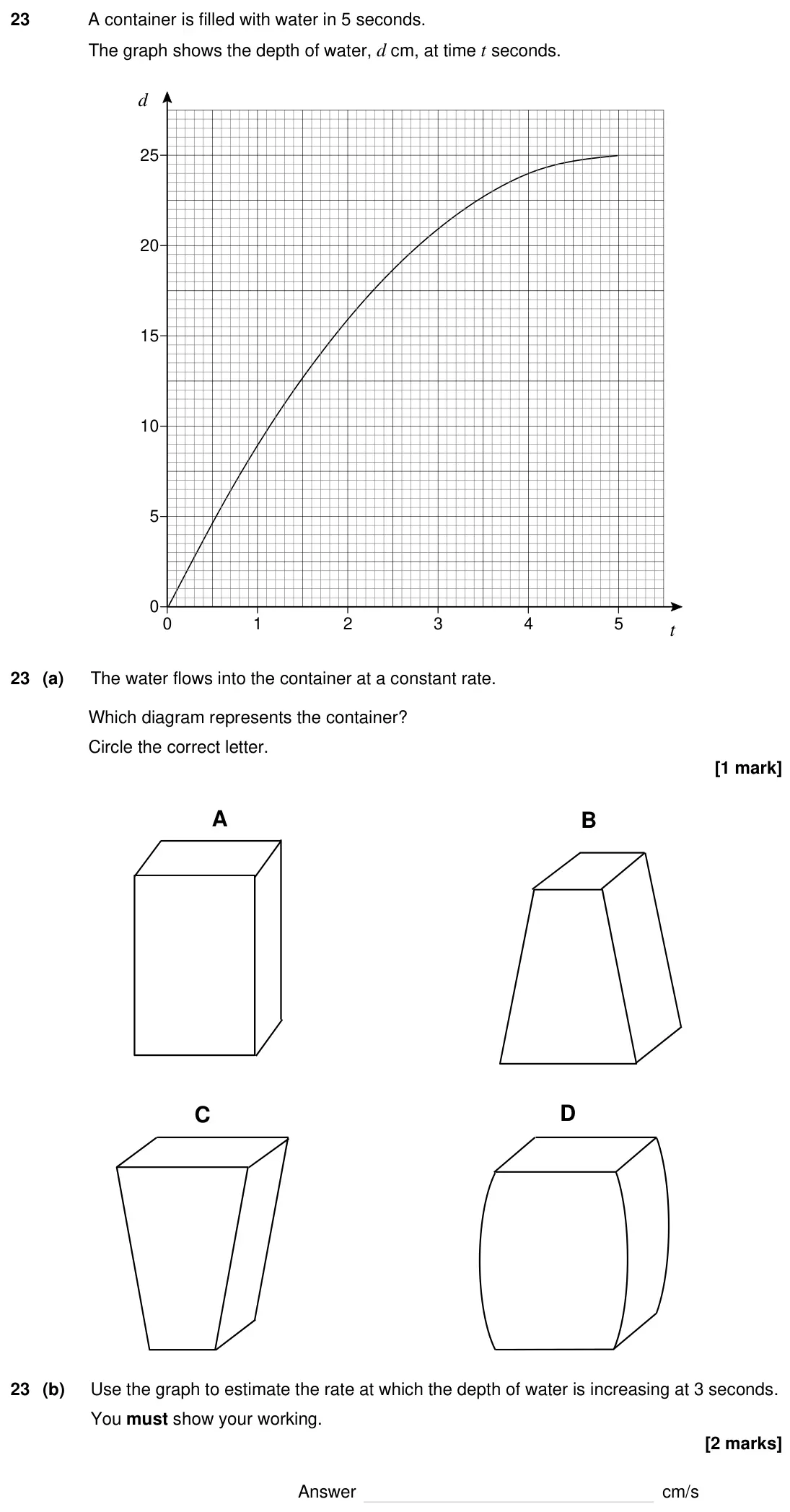 Specimen Paper 3H, question 23: A container is filled with water in 5 seconds. The graph shows the depth of water, d cm, at time t seconds. d 0 1 2 3 4 5 0 5 10 15 20 25 t 23 (a) The water flo