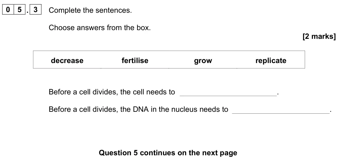 June 2024 Paper 1 Foundation, question 05.3: Complete the sentences. Choose answers from the box. [2 marks] decrease fertilise grow replicate Before a cell divides, the cell needs to . Before a cell divide