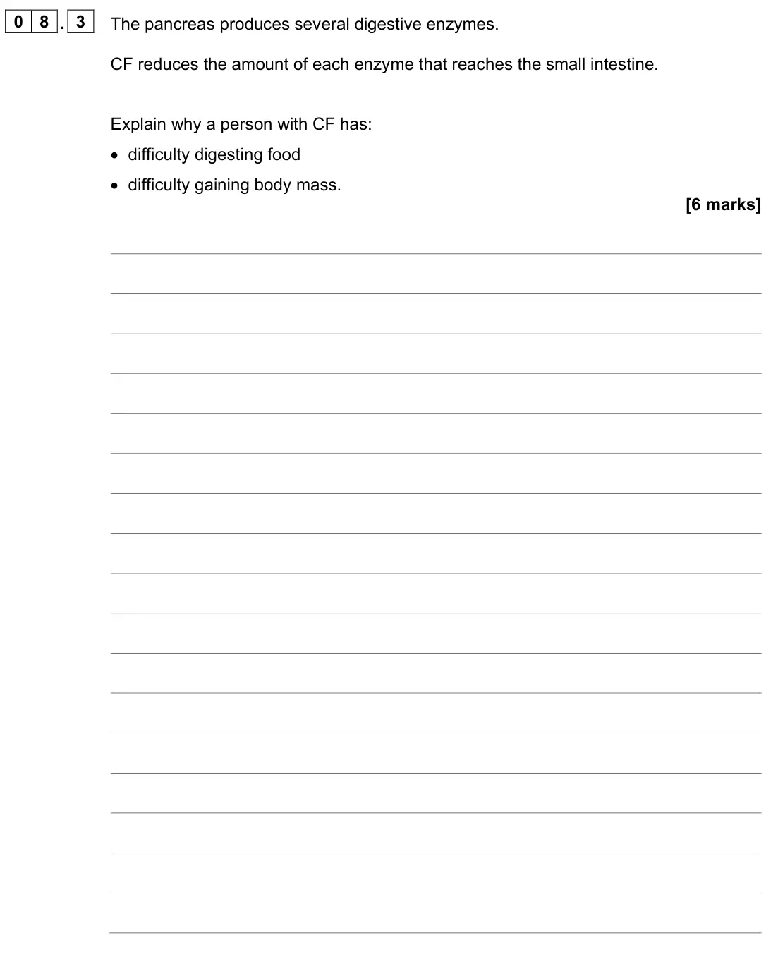 June 2024 Paper 1 Foundation, question 08.3: The pancreas produces several digestive enzymes. CF reduces the amount of each enzyme that reaches the small intestine. Explain why a person with CF has: • diff