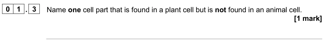 June 2025 Paper 1 Foundation, question 01.3: Name one cell part that is found in a plant cell but is not found in an animal cell. [1 mark]