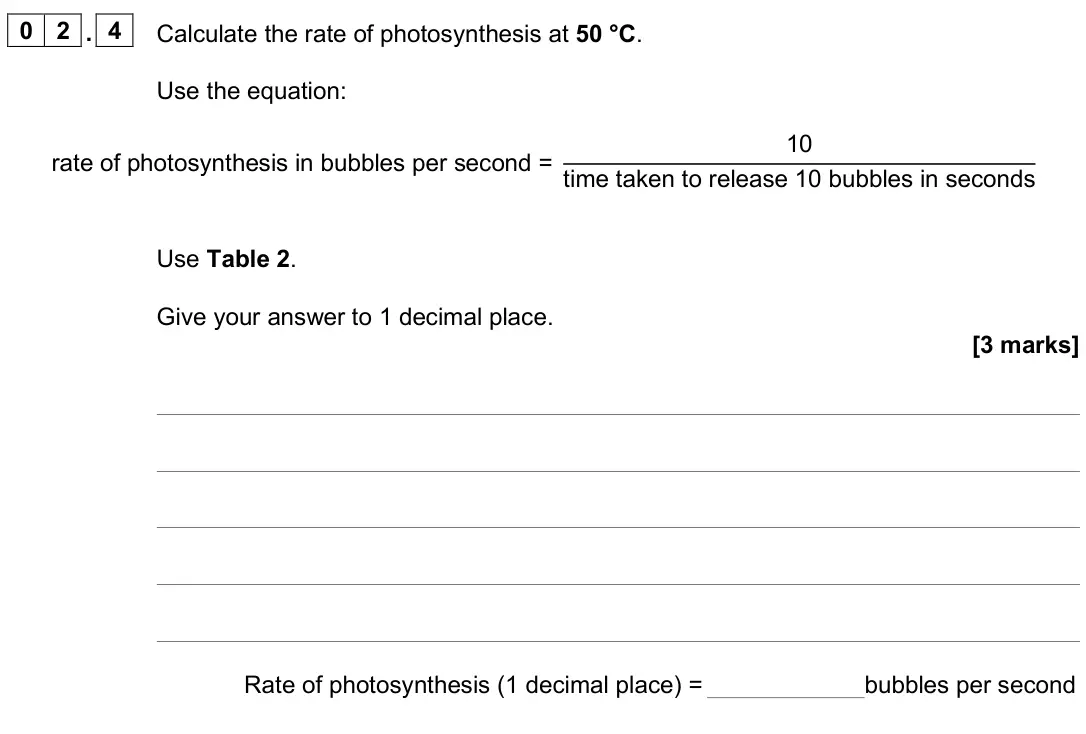 June 2025 Paper 1 Foundation, question 02.4: Calculate the rate of photosynthesis at 50 °C. Use the equation: rate of photosynthesis in bubbles per second = 10 time taken to release 10 bubbles in seconds U