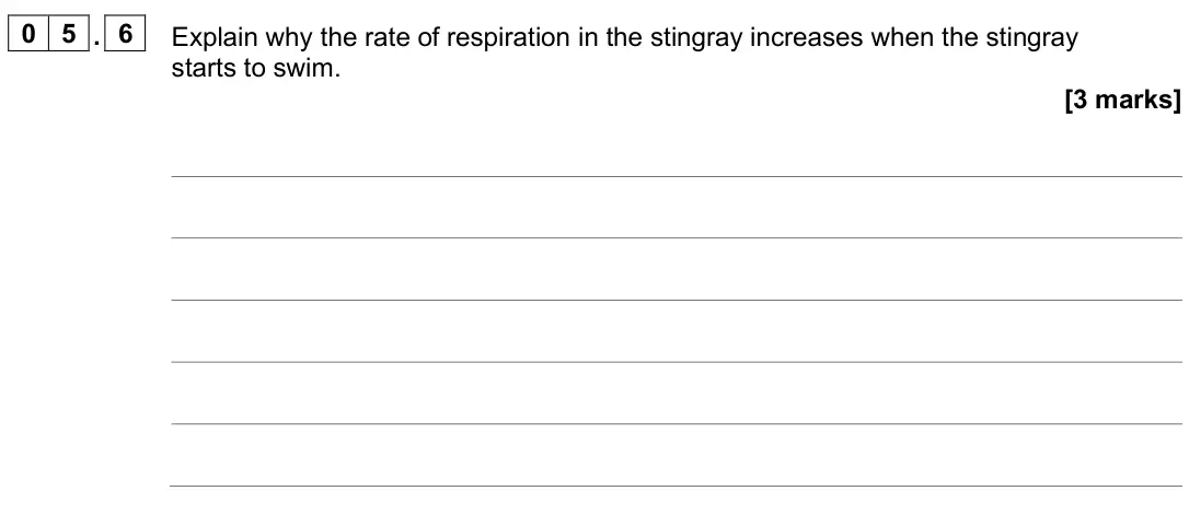June 2025 Paper 1 Foundation, question 05.6: Explain why the rate of respiration in the stingray increases when the stingray starts to swim. [3 marks]