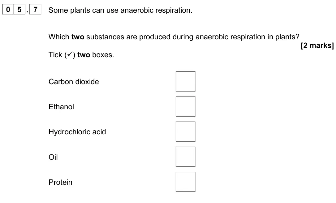 June 2025 Paper 1 Foundation, question 05.7: Some plants can use anaerobic respiration. Which two substances are produced during anaerobic respiration in plants? [2 marks] Tick () two boxes. Carbon dioxid