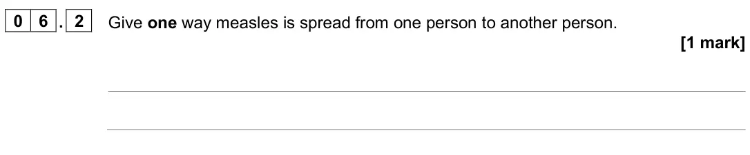 June 2025 Paper 1 Foundation, question 06.2: Give one way measles is spread from one person to another person. [1 mark]