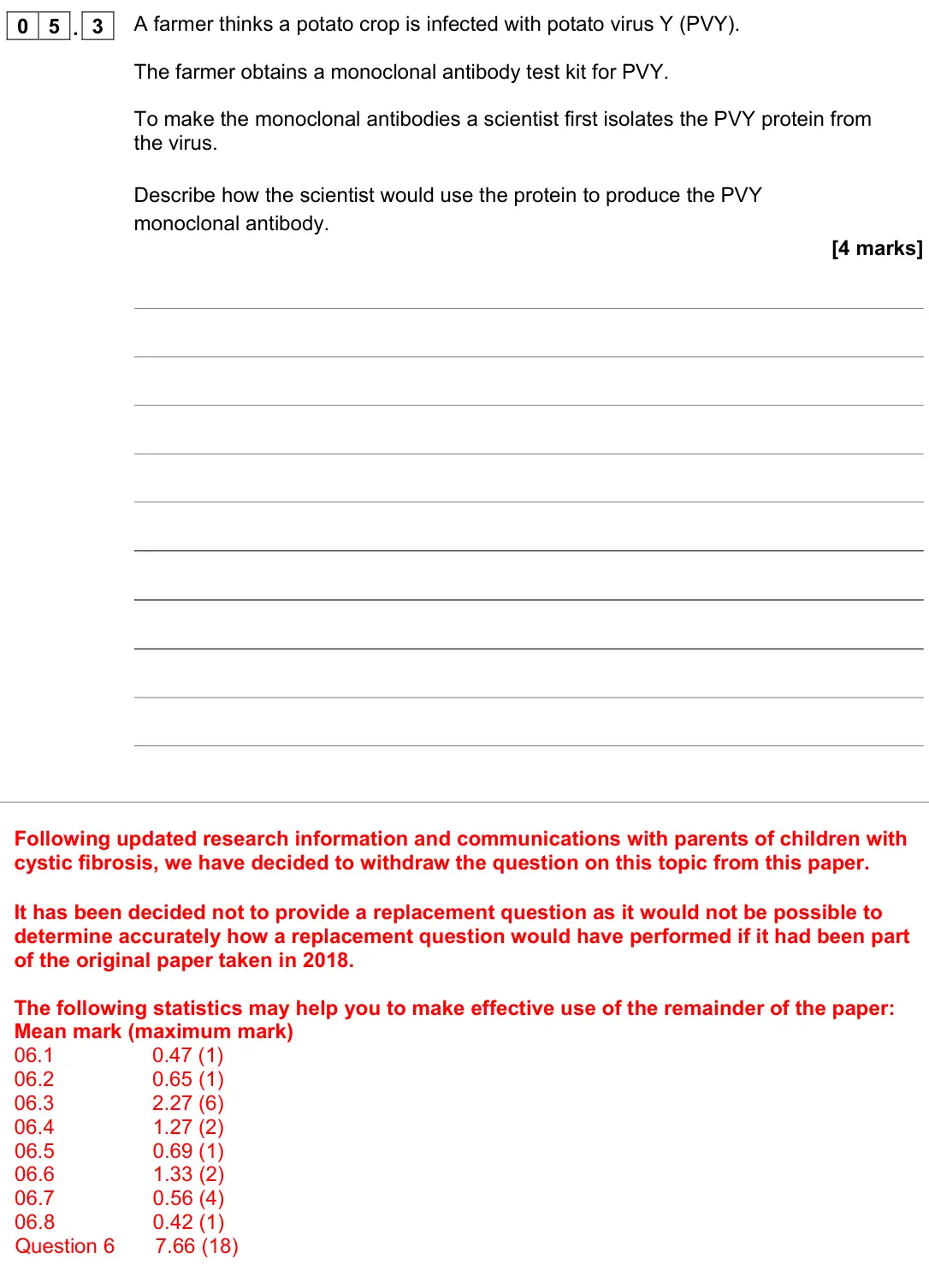 June 2018 Paper 1 Higher, question 05.3: A farmer thinks a potato crop is infected with potato virus Y (PVY). The farmer obtains a monoclonal antibody test kit for PVY. To make the monoclonal antibodie