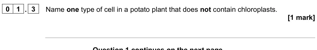 June 2022 Paper 1 Higher, question 01.3: Name one type of cell in a potato plant that does not contain chloroplasts. [1 mark]