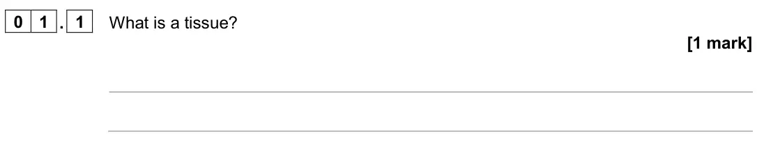 June 2023 Paper 1 Higher, question 01.1: What is a tissue? [1 mark]